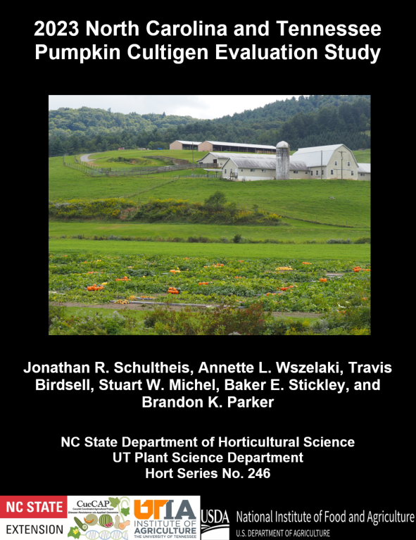 Cover page for the 2023 North Carolina and Tennessee Pumpkin Cultigen Evaluation Study with a photo of a pumpkin field